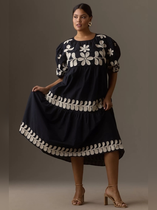 Anthropologie Dresses & Skirts - Anthropologie Embroidered Puff-Sleeve Black Midi Dress Boho Relaxed Cotton Sz LP